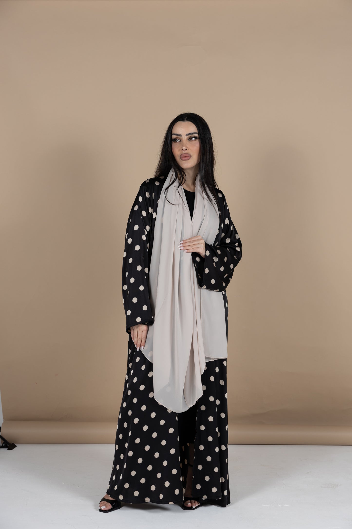 Black and beige polka dot abaya