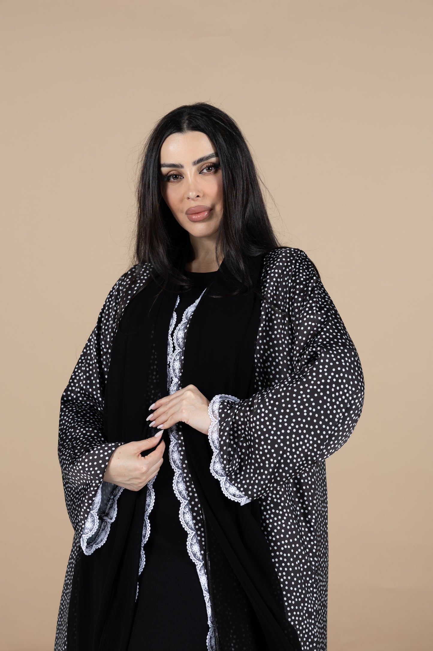Black and white polka dot abaya